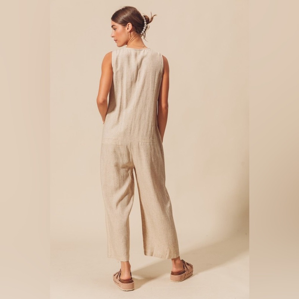 So Me Linen Blend V-Neck Button Down Jumpsuit - Picture 11 of 12